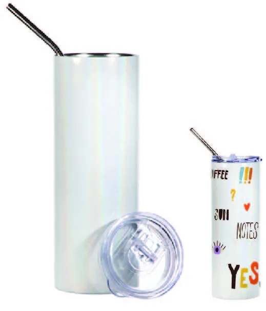20oz Sublimation BLANK White Glitter Travel Mug with Metal Straw
