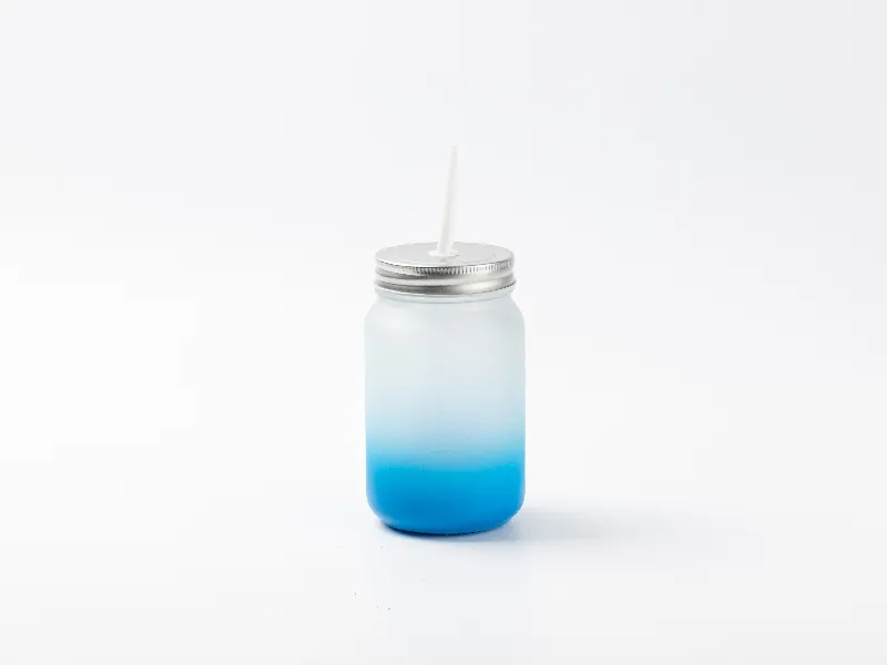 15oz Sublimation BLANK Frosted Mason Jar w/ Lid & Straw -LT BLUE