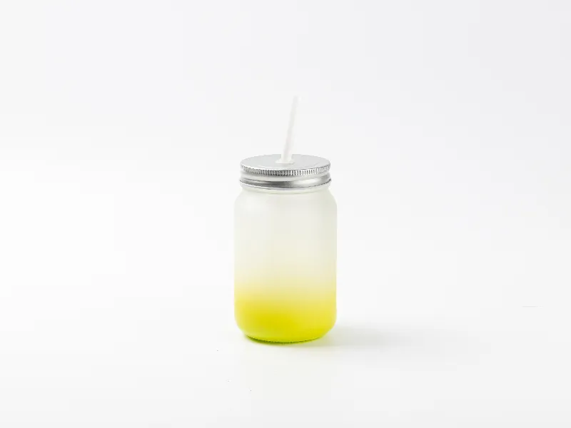 15oz Sublimation BLANK Frosted Mason Jar w/ Lid & Straw -YELLOW
