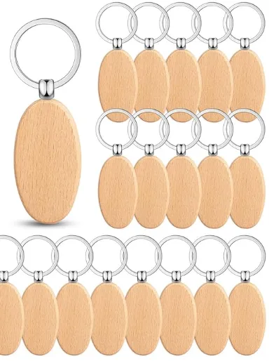 Laser Engraving Blank Oval Wood Keychains w/ Ring - 70 PACK
