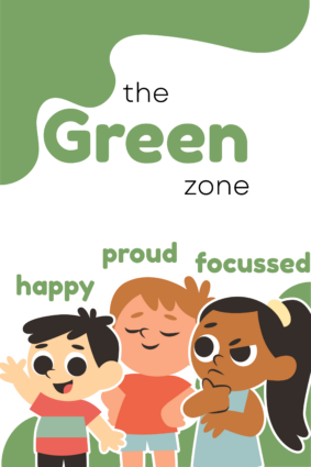 "The Green Zone" printable classroom poster, shows green zone emotions - happy, proud, focused.