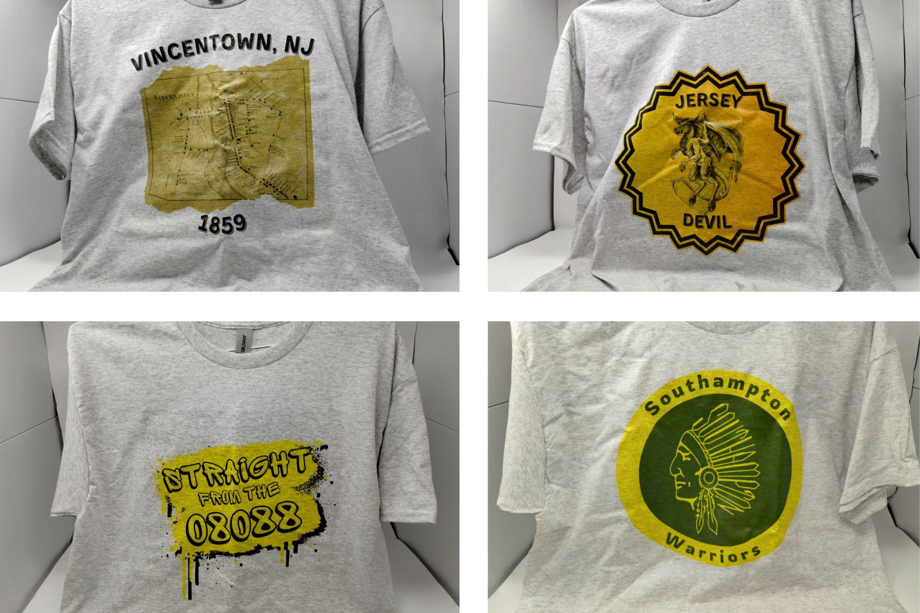 A set of four student designed school t-shirts, made with the Educator Plus large format printer