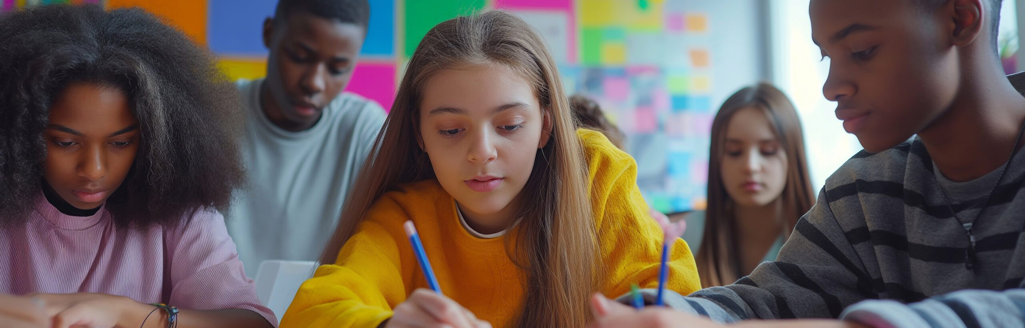 A group of multicultural teenage students enthusiastically collaborating on a school project, teamwork and friendship in a modern classroom setting, the positive atmosphere of contemporary education
