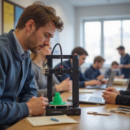 "A compact FDM desktop 3D printer building a small model on a desk in a bright, sunlit school classroom with student desks and educational posters in the background"